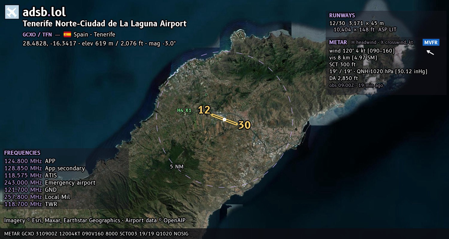 Satellite map with the runway layout of Tenerife Norte-Ciudad de La Laguna Airport (GCXO)