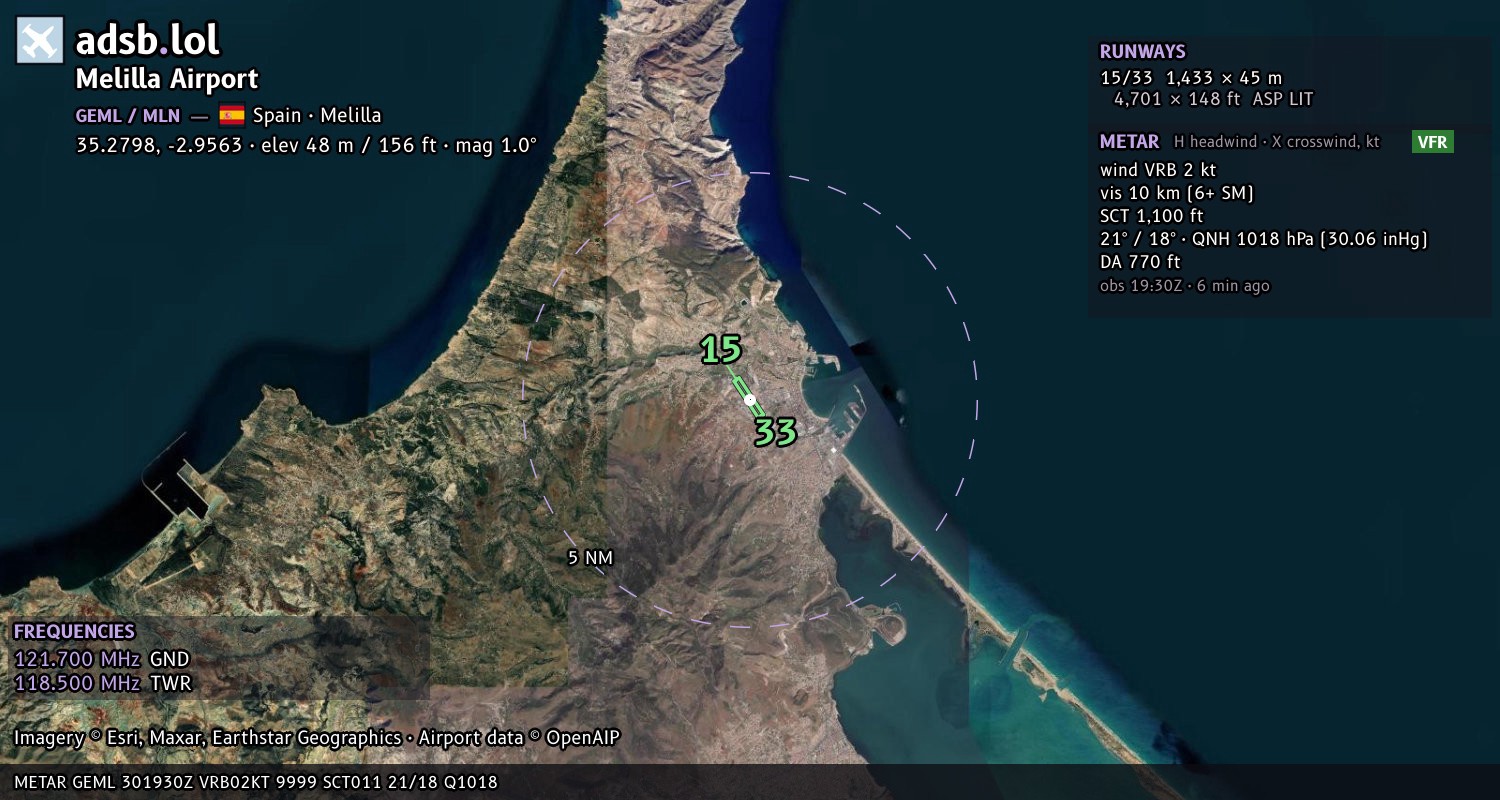 Satellite map with the runway layout of Melilla Airport (GEML)