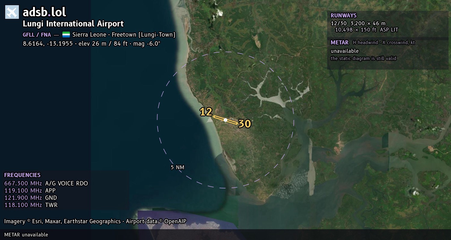 Satellite map with the runway layout of Lungi International Airport (GFLL)