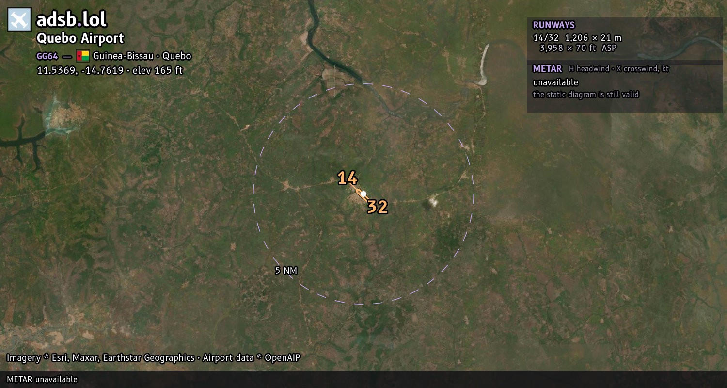 Satellite map with the runway layout of Quebo Airport (GG64)