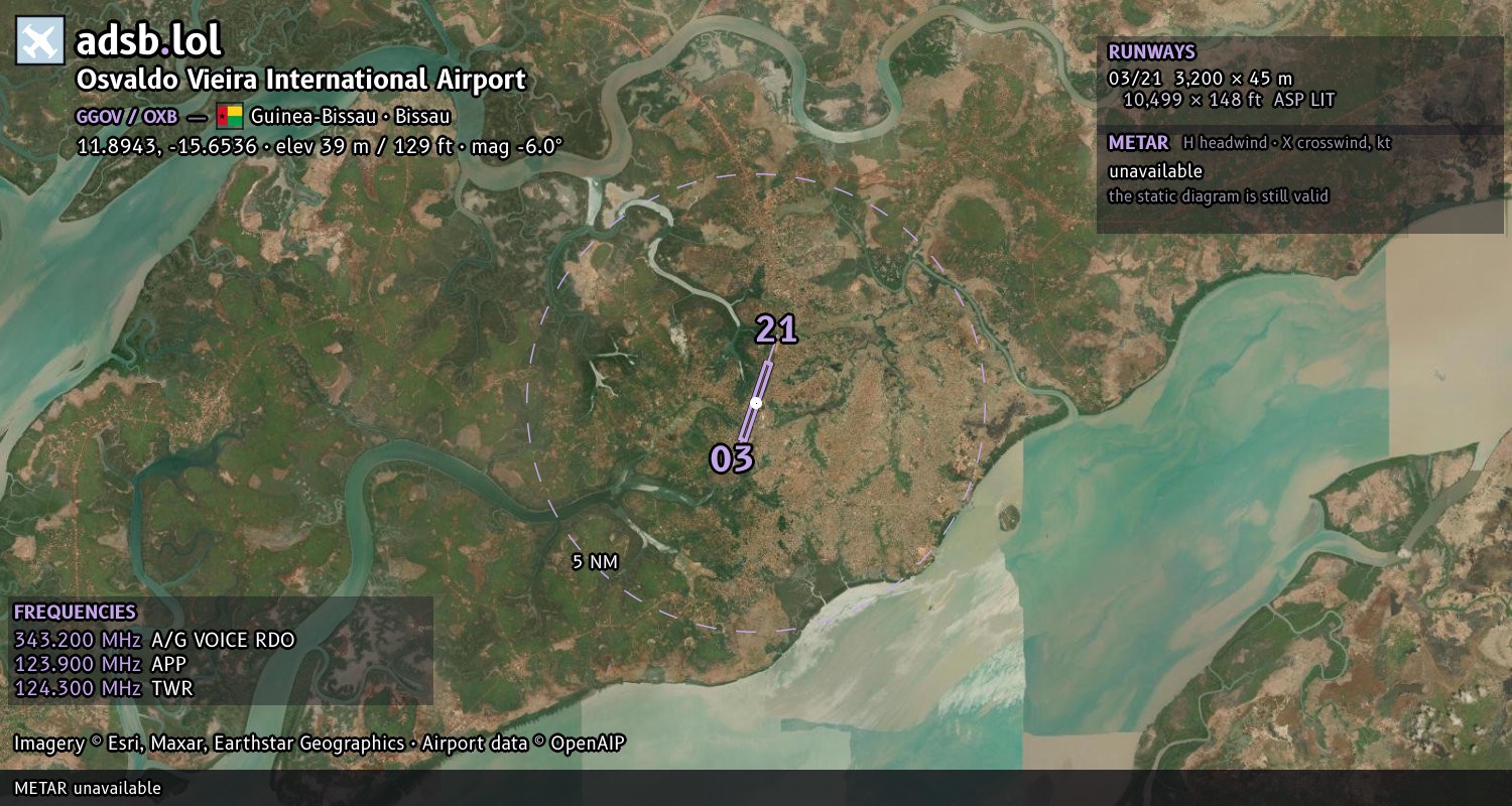 Satellite map with the runway layout of Osvaldo Vieira International Airport (GGOV)