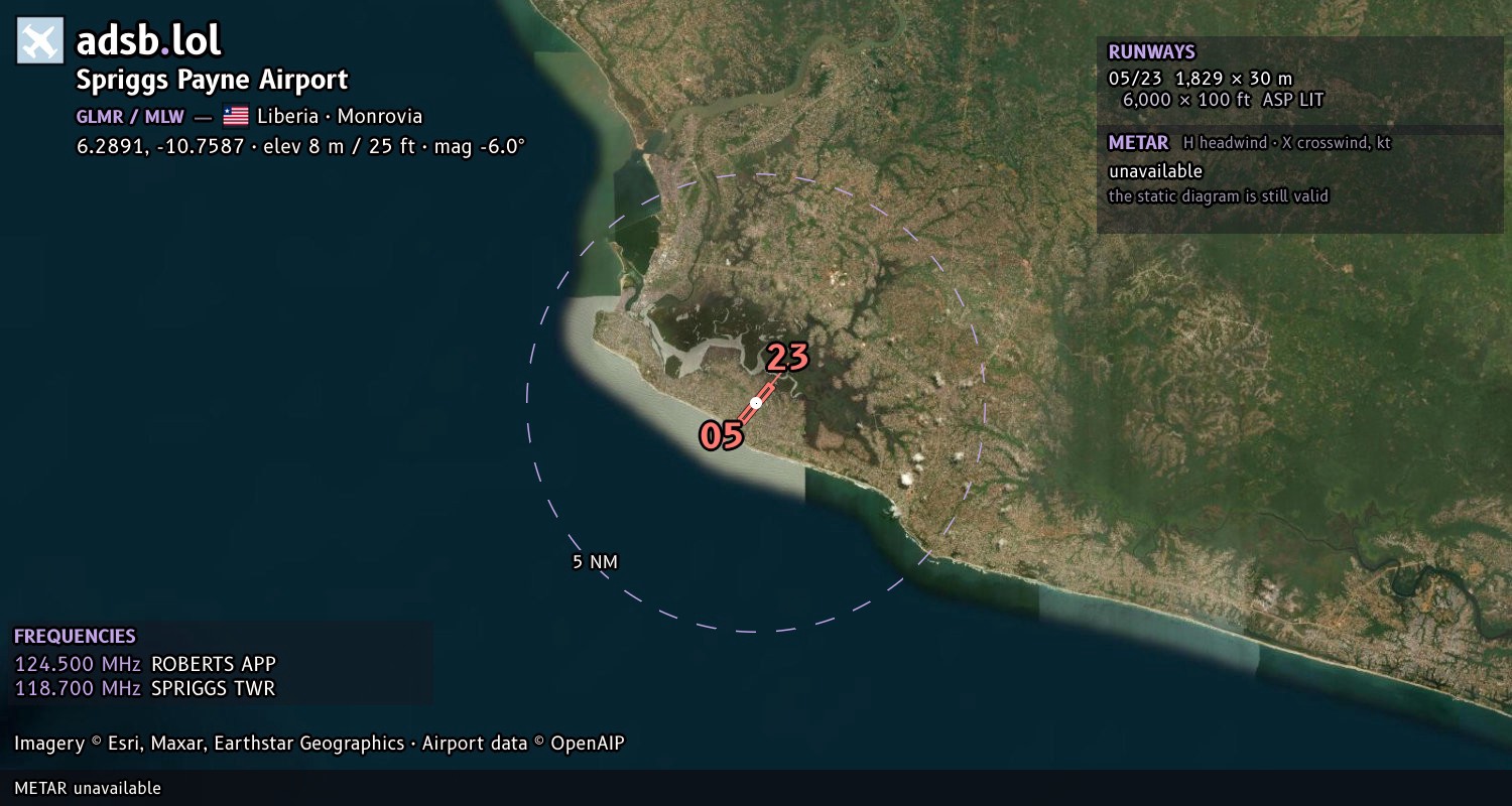 Satellite map with the runway layout of Spriggs Payne Airport (GLMR)