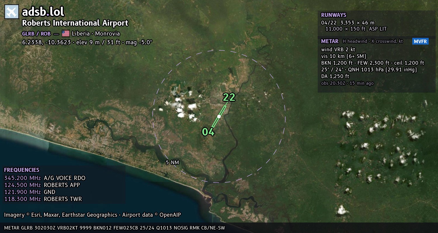 Satellite map with the runway layout of Roberts International Airport (GLRB)