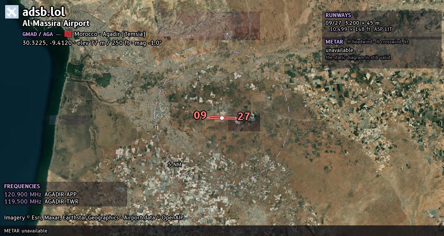 Satellite map with the runway layout of Al Massira Airport (GMAD)