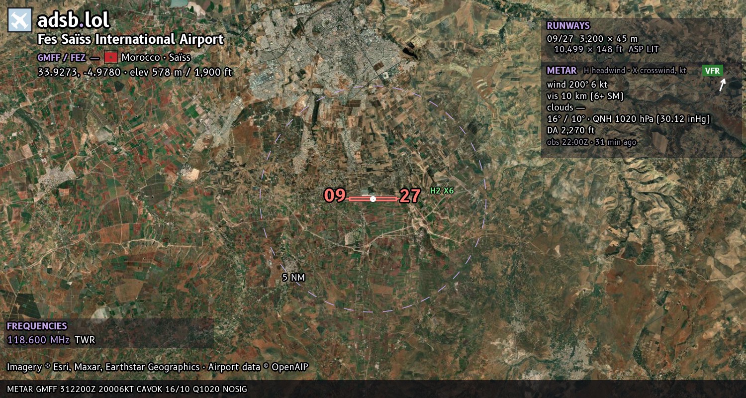 Satellite map with the runway layout of Fes Saïss International Airport (GMFF)