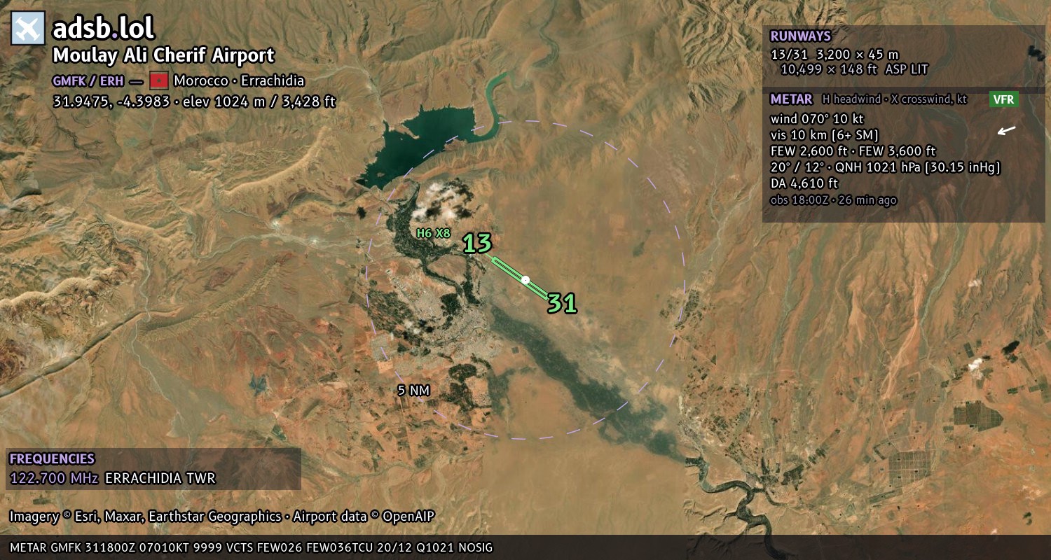 Satellite map with the runway layout of Moulay Ali Cherif Airport (GMFK)