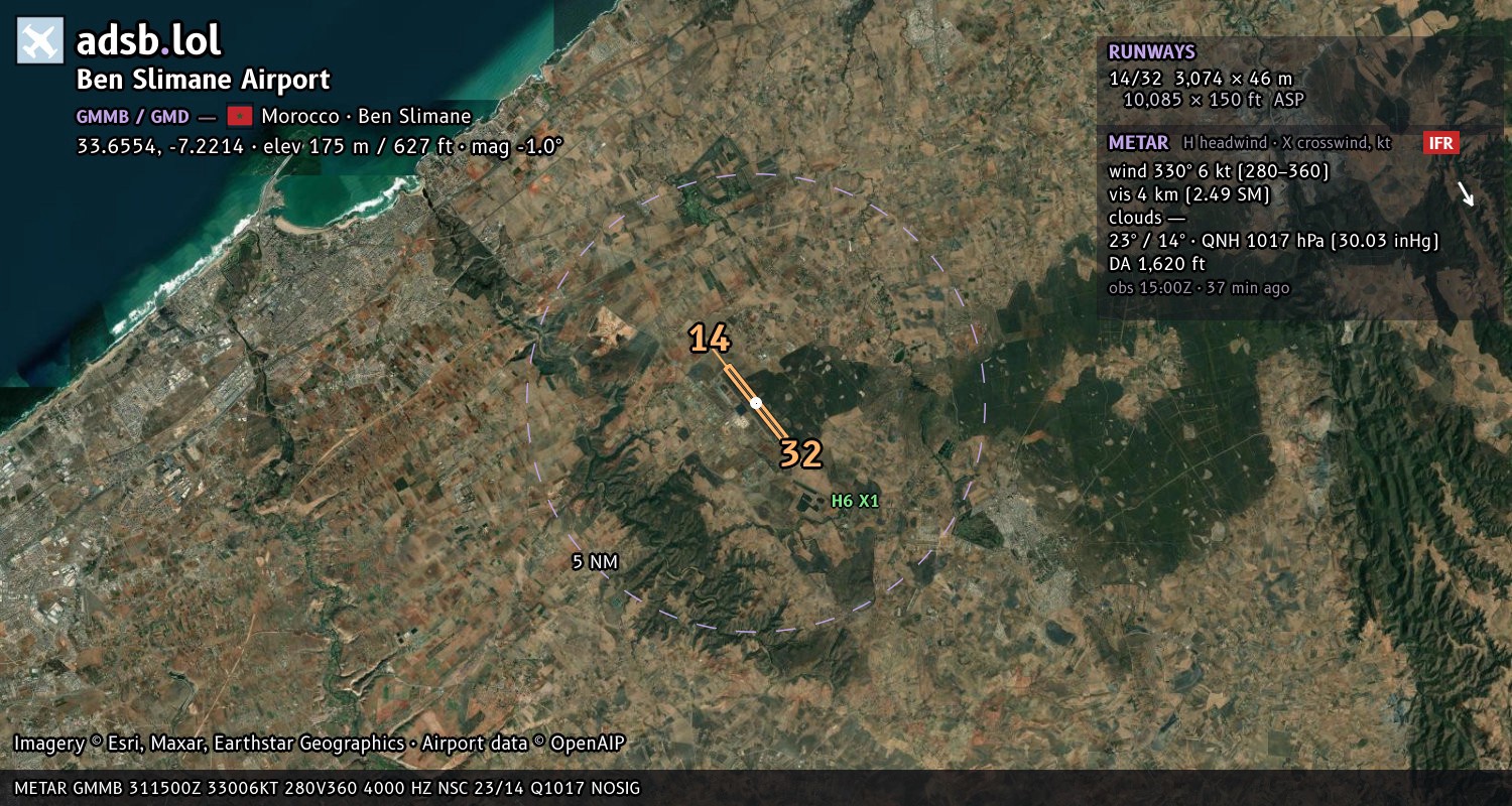 Satellite map with the runway layout of Ben Slimane Airport (GMMB)