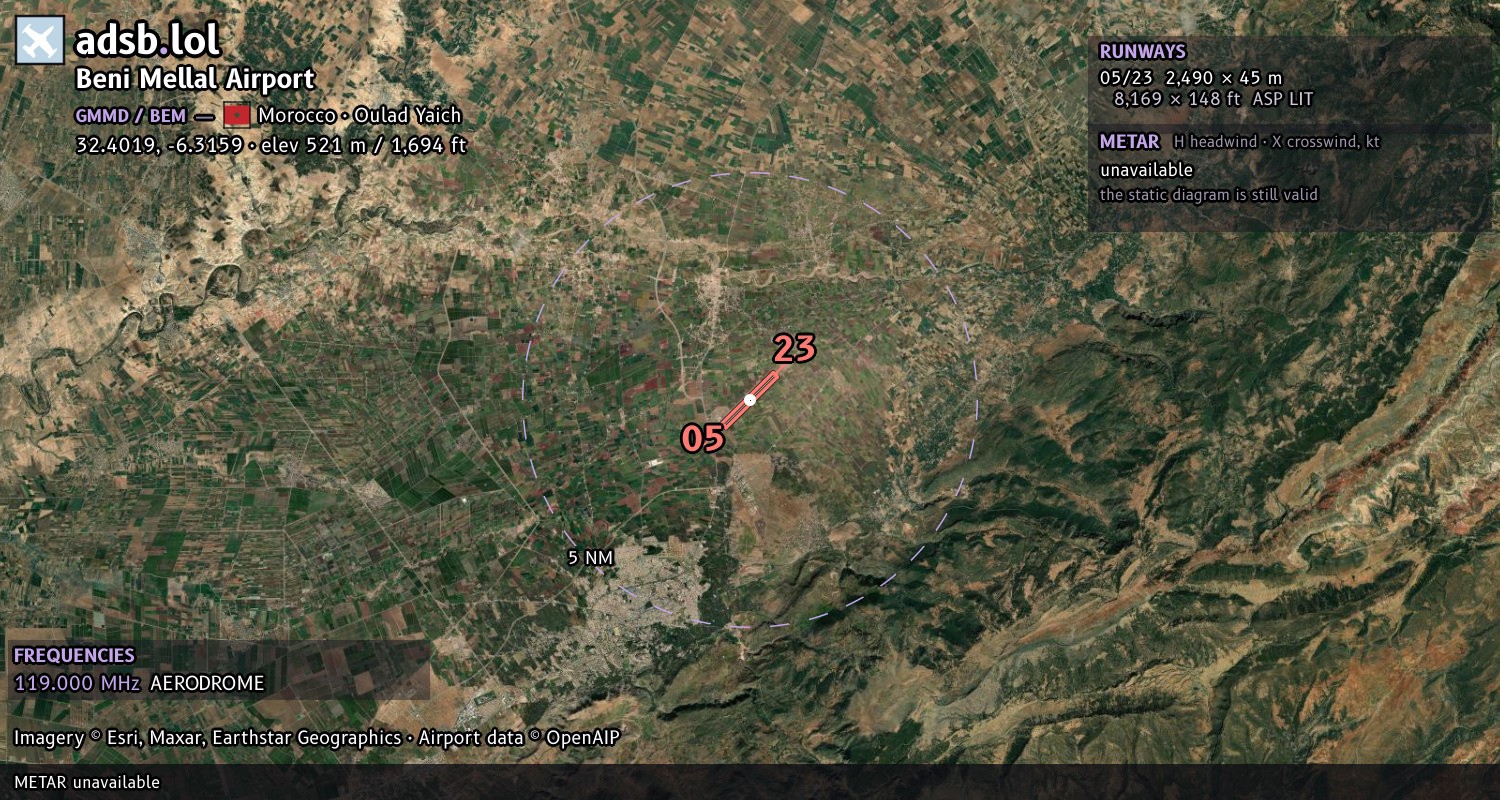 Satellite map with the runway layout of Beni Mellal Airport (GMMD)