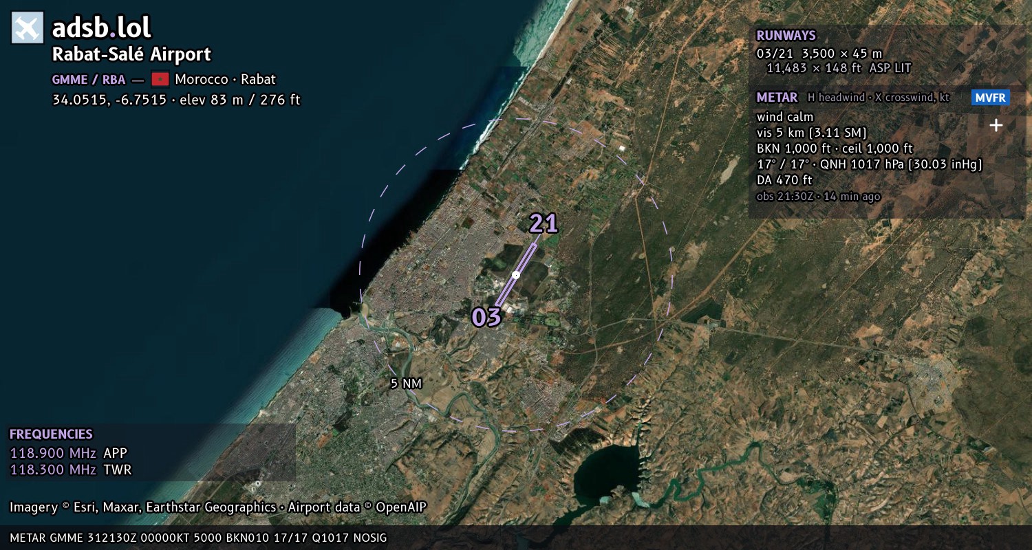 Satellite map with the runway layout of Rabat-Salé Airport (GMME)