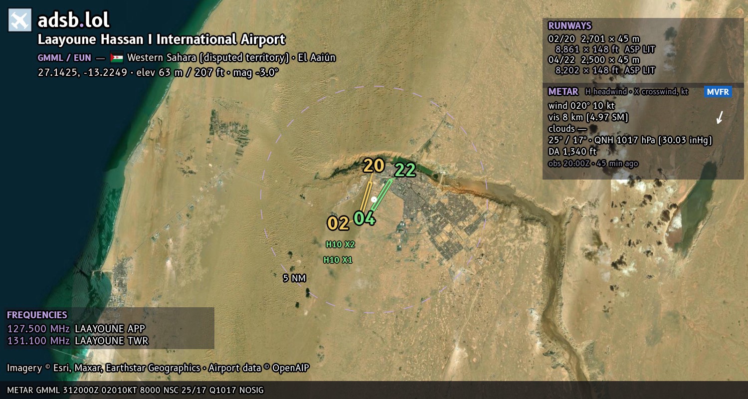 Satellite map with the runway layout of Laayoune Hassan I International Airport (GMML)
