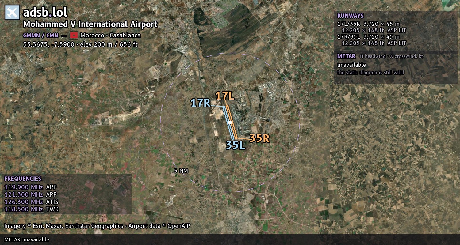 Satellite map with the runway layout of Mohammed V International Airport (GMMN)