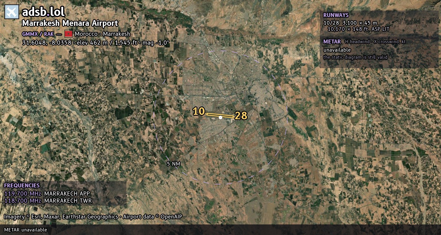 Satellite map with the runway layout of Marrakesh Menara Airport (GMMX)