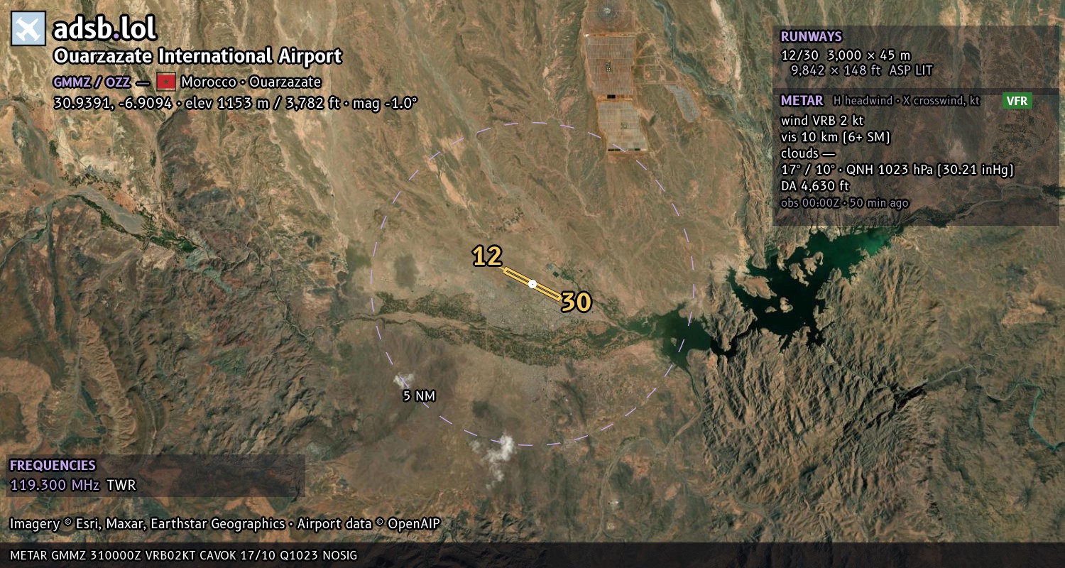 Satellite map with the runway layout of Ouarzazate International Airport (GMMZ)
