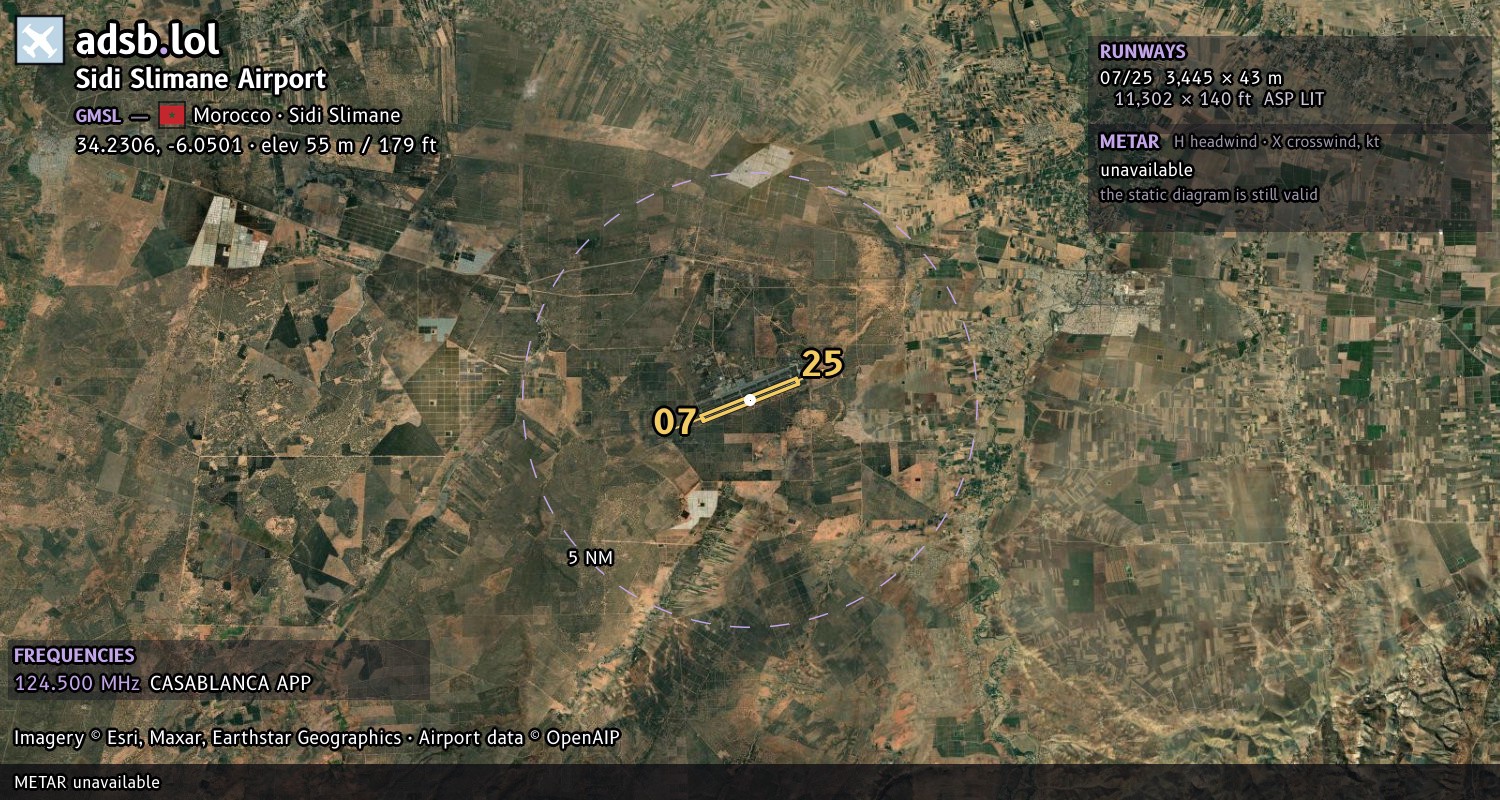 Satellite map with the runway layout of Sidi Slimane Airport (GMSL)