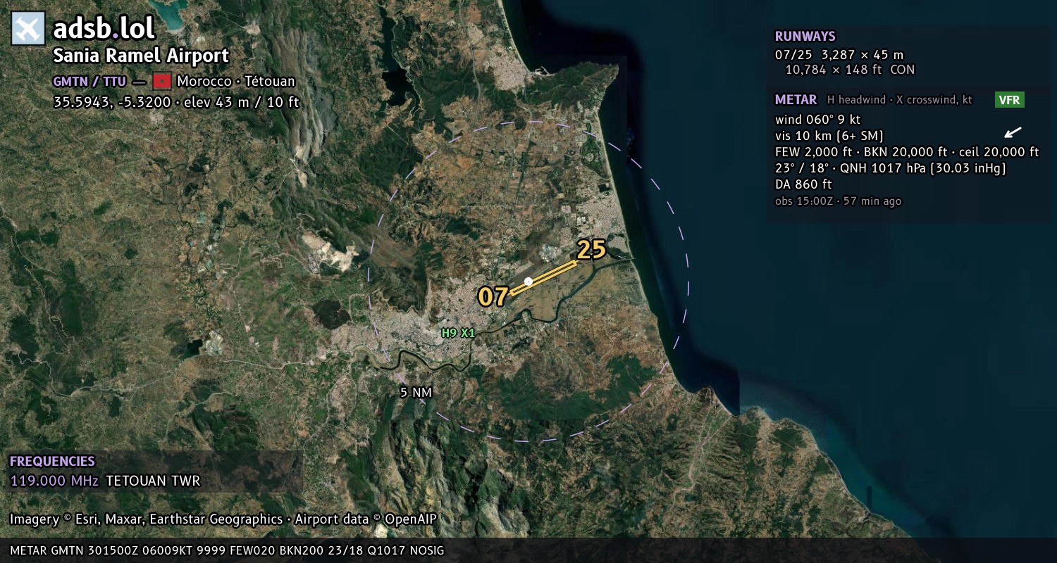 Satellite map with the runway layout of Sania Ramel Airport (GMTN)