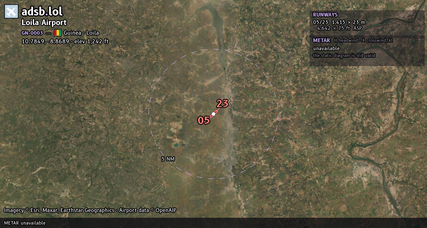 Satellite map with the runway layout of Loila Airport (GN-0003)
