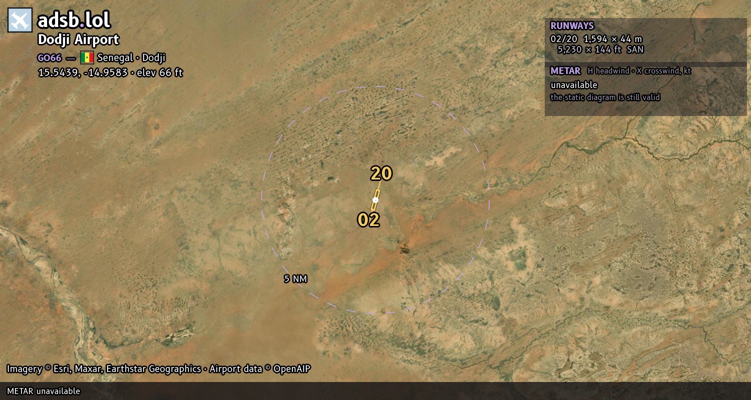 Satellite map with the runway layout of Dodji Airport (GO66)
