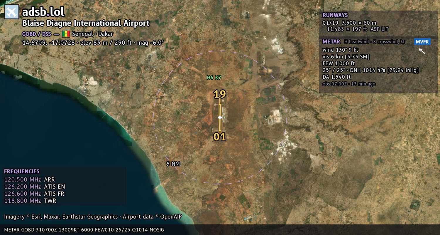 Satellite map with the runway layout of Blaise Diagne International Airport (GOBD)