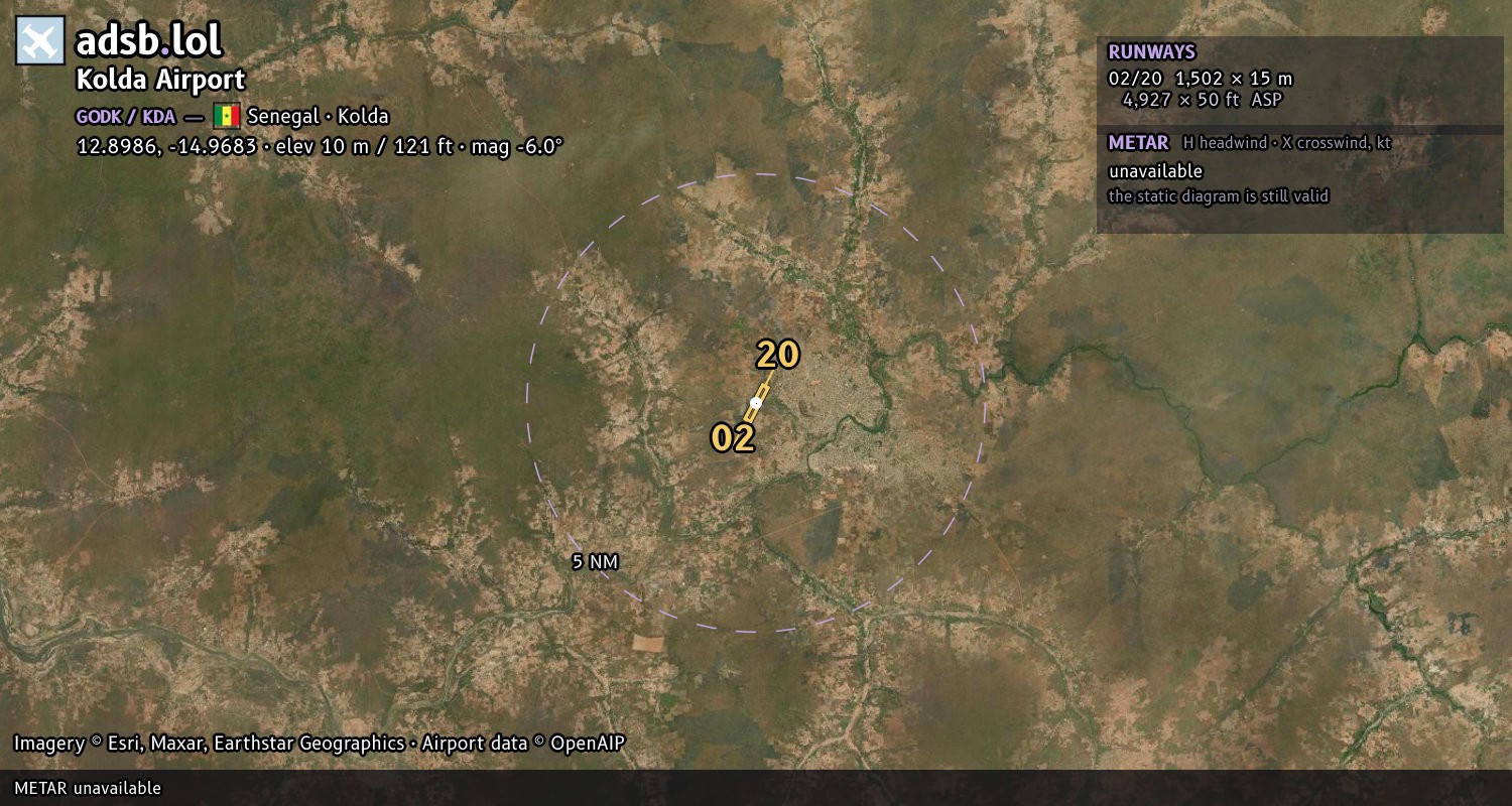 Satellite map with the runway layout of Kolda Airport (GODK)