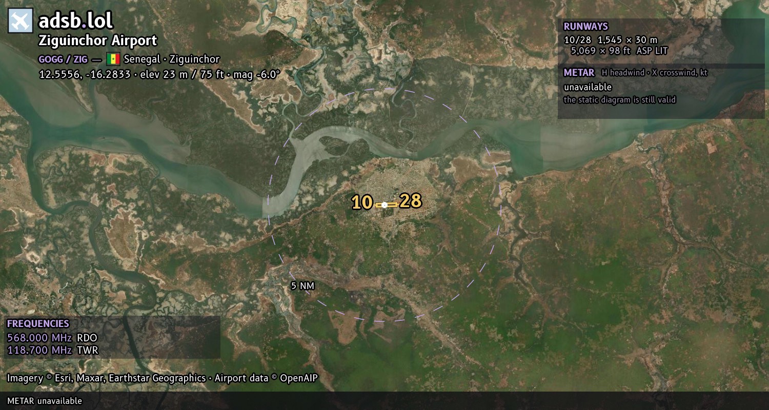 Satellite map with the runway layout of Ziguinchor Airport (GOGG)