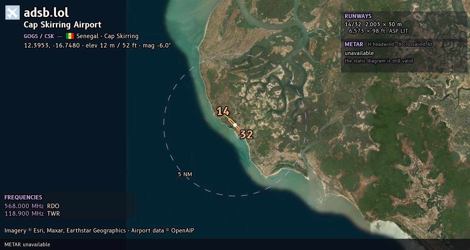 Satellite map with the runway layout of Cap Skirring Airport (GOGS)