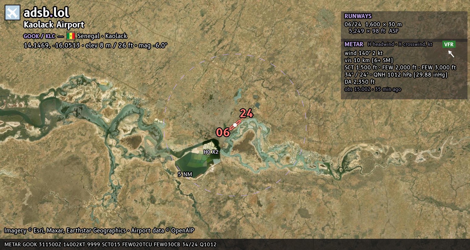 Satellite map with the runway layout of Kaolack Airport (GOOK)