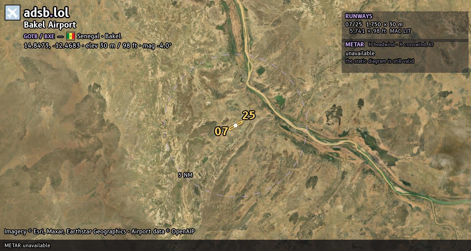 Satellite map with the runway layout of Bakel Airport (GOTB)