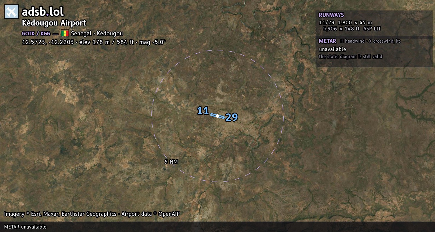 Satellite map with the runway layout of Kédougou Airport (GOTK)
