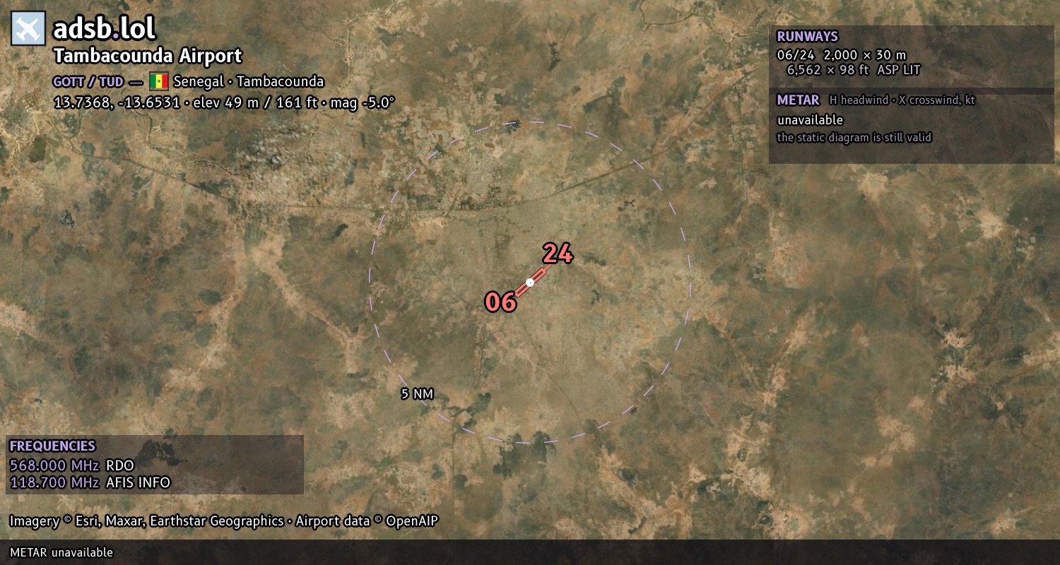 Satellite map with the runway layout of Tambacounda Airport (GOTT)