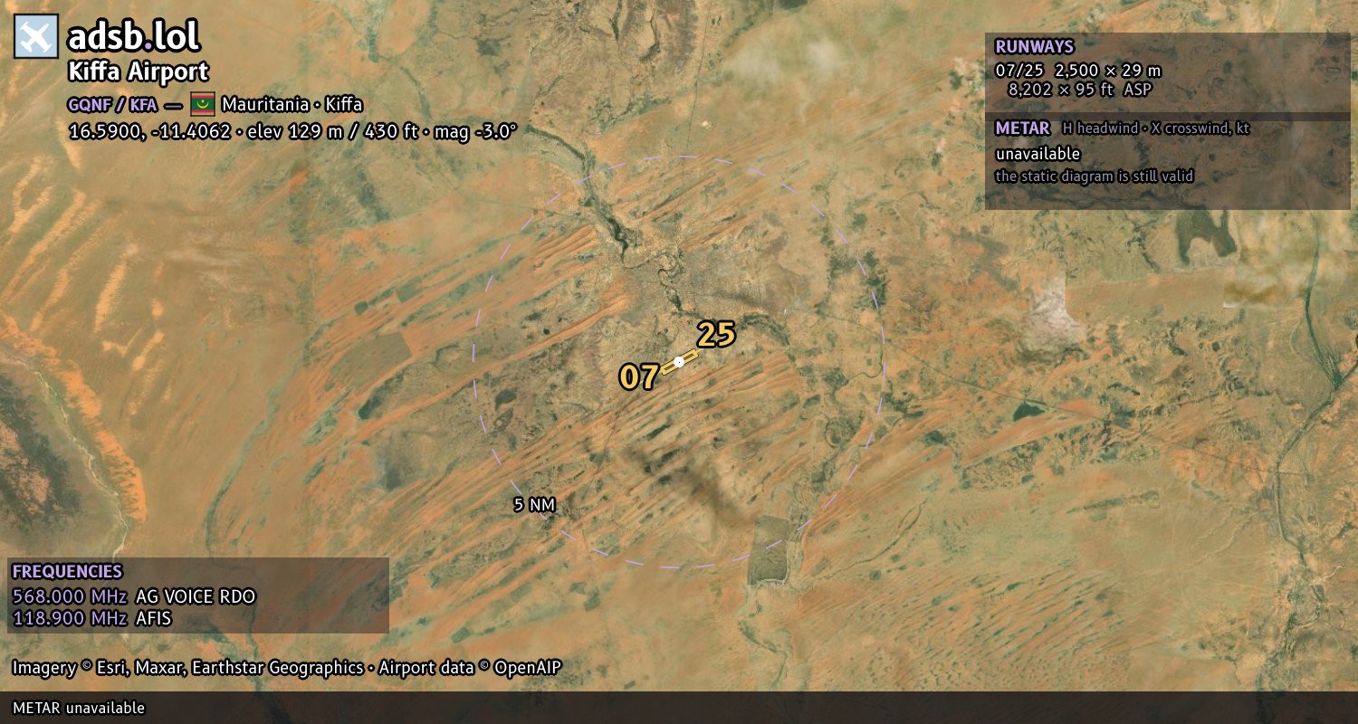 Satellite map with the runway layout of Kiffa Airport (GQNF)