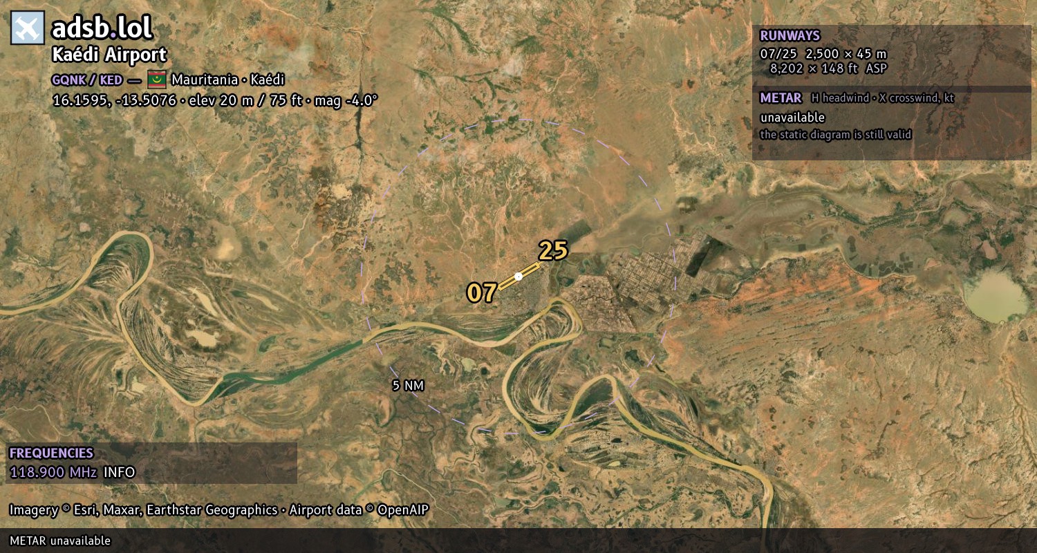 Satellite map with the runway layout of Kaédi Airport (GQNK)