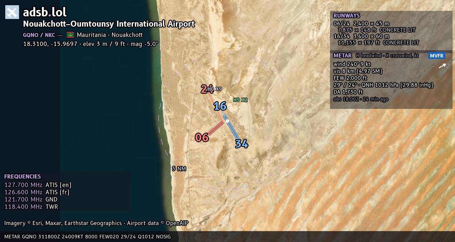 Satellite map with the runway layout of Nouakchott–Oumtounsy International Airport (GQNO)