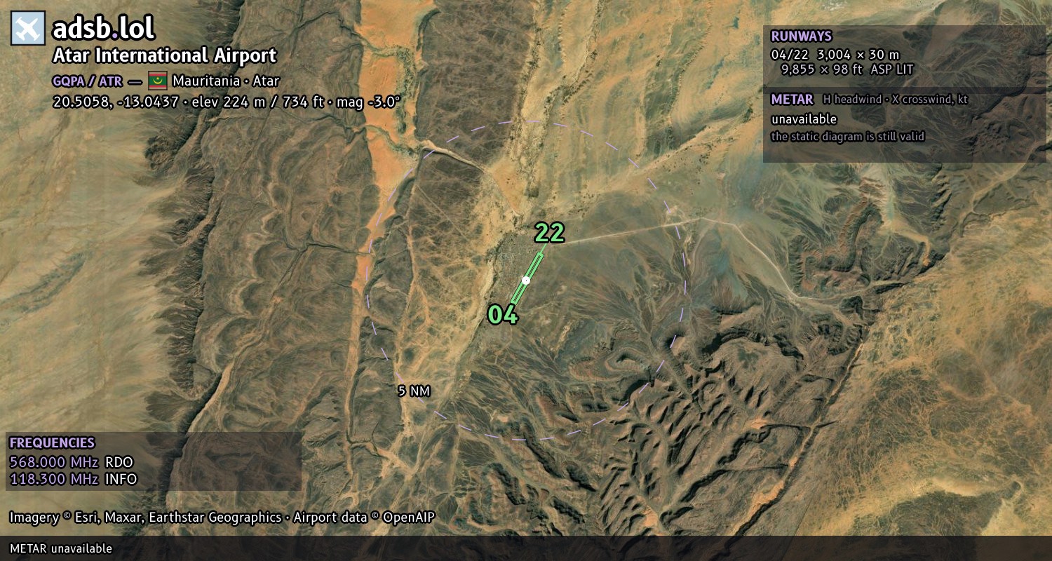 Satellite map with the runway layout of Atar International Airport (GQPA)
