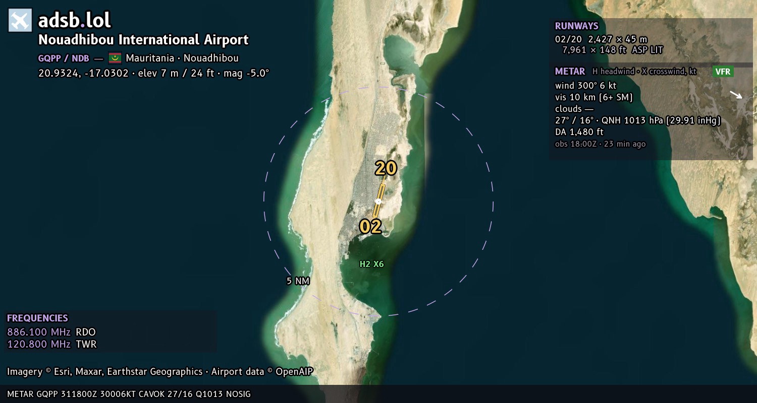 Satellite map with the runway layout of Nouadhibou International Airport (GQPP)