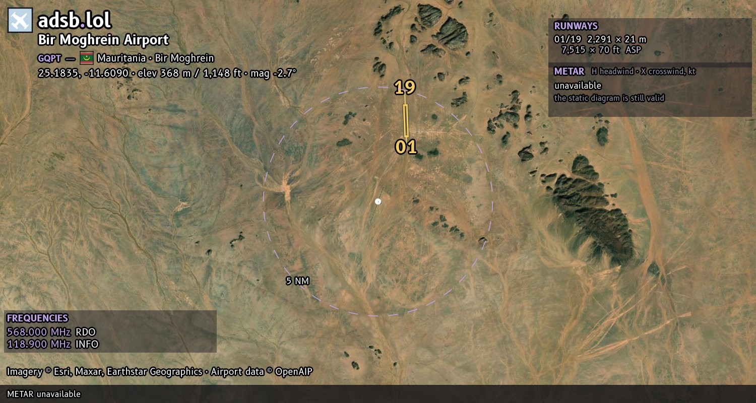 Satellite map with the runway layout of Bir Moghrein Airport (GQPT)