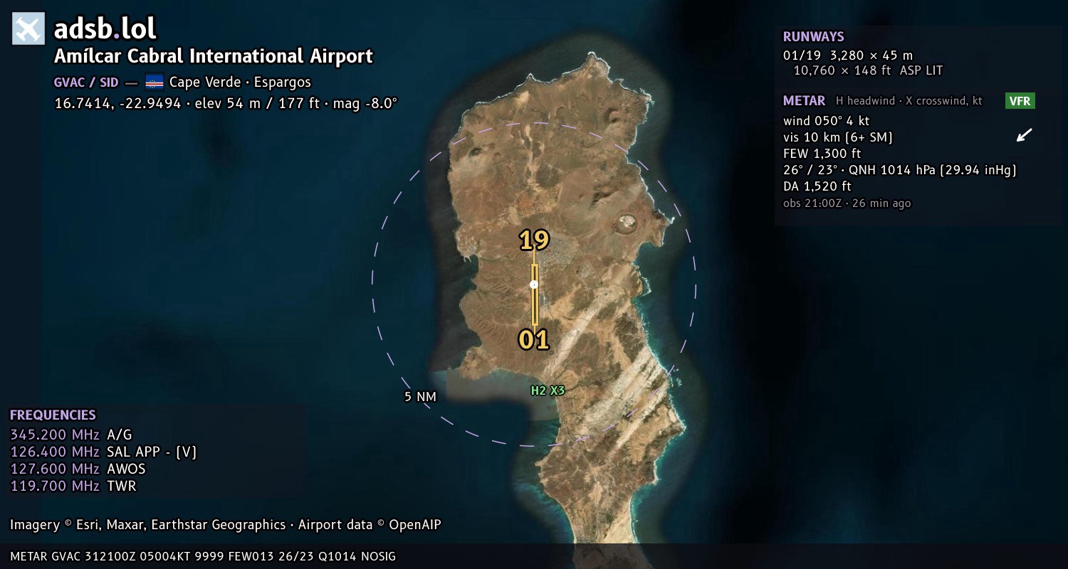 Satellite map with the runway layout of Amílcar Cabral International Airport (GVAC)