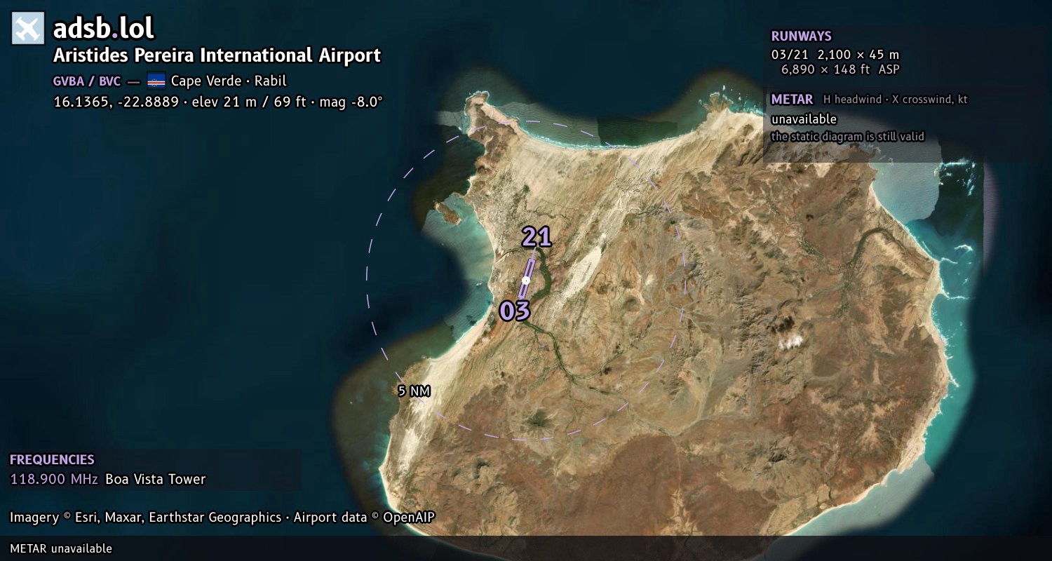Satellite map with the runway layout of Aristides Pereira International Airport (GVBA)