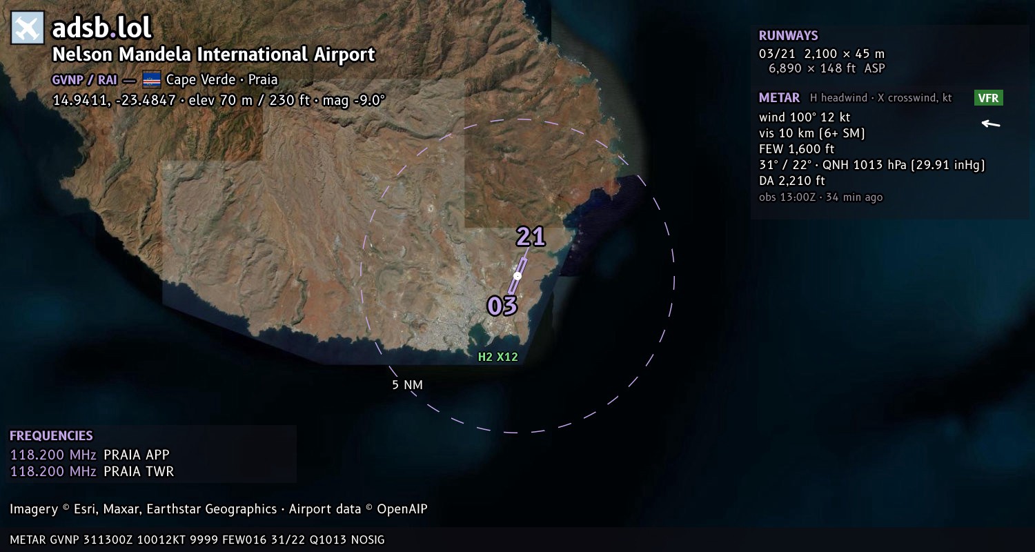 Satellite map with the runway layout of Nelson Mandela International Airport (GVNP)