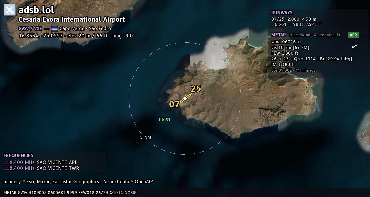 Satellite map with the runway layout of Cesaria Evora International Airport (GVSV)