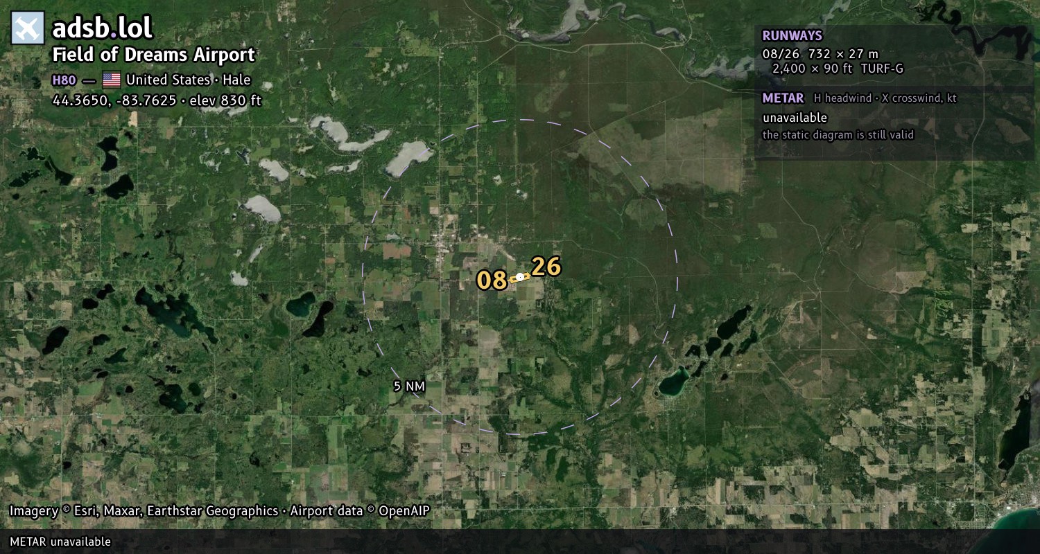 Satellite map with the runway layout of Field of Dreams Airport (H80)