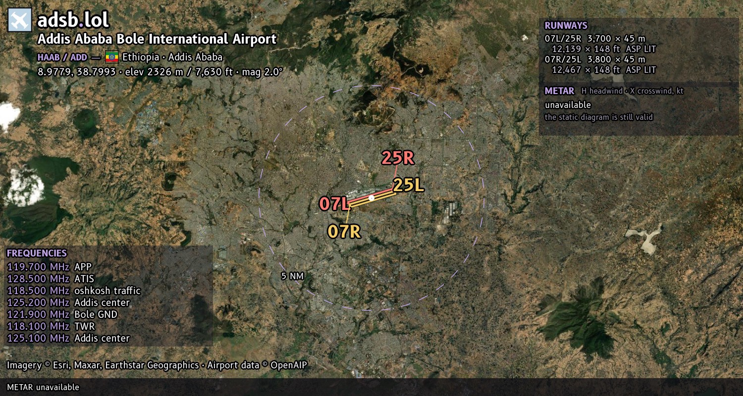Satellite map with the runway layout of Addis Ababa Bole International Airport (HAAB)