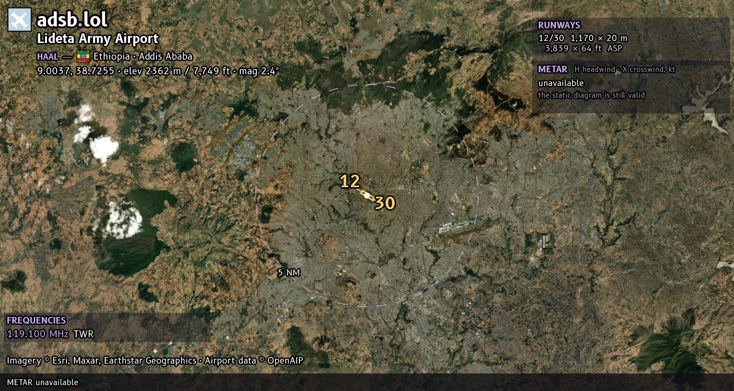 Satellite map with the runway layout of Lideta Army Airport (HAAL)