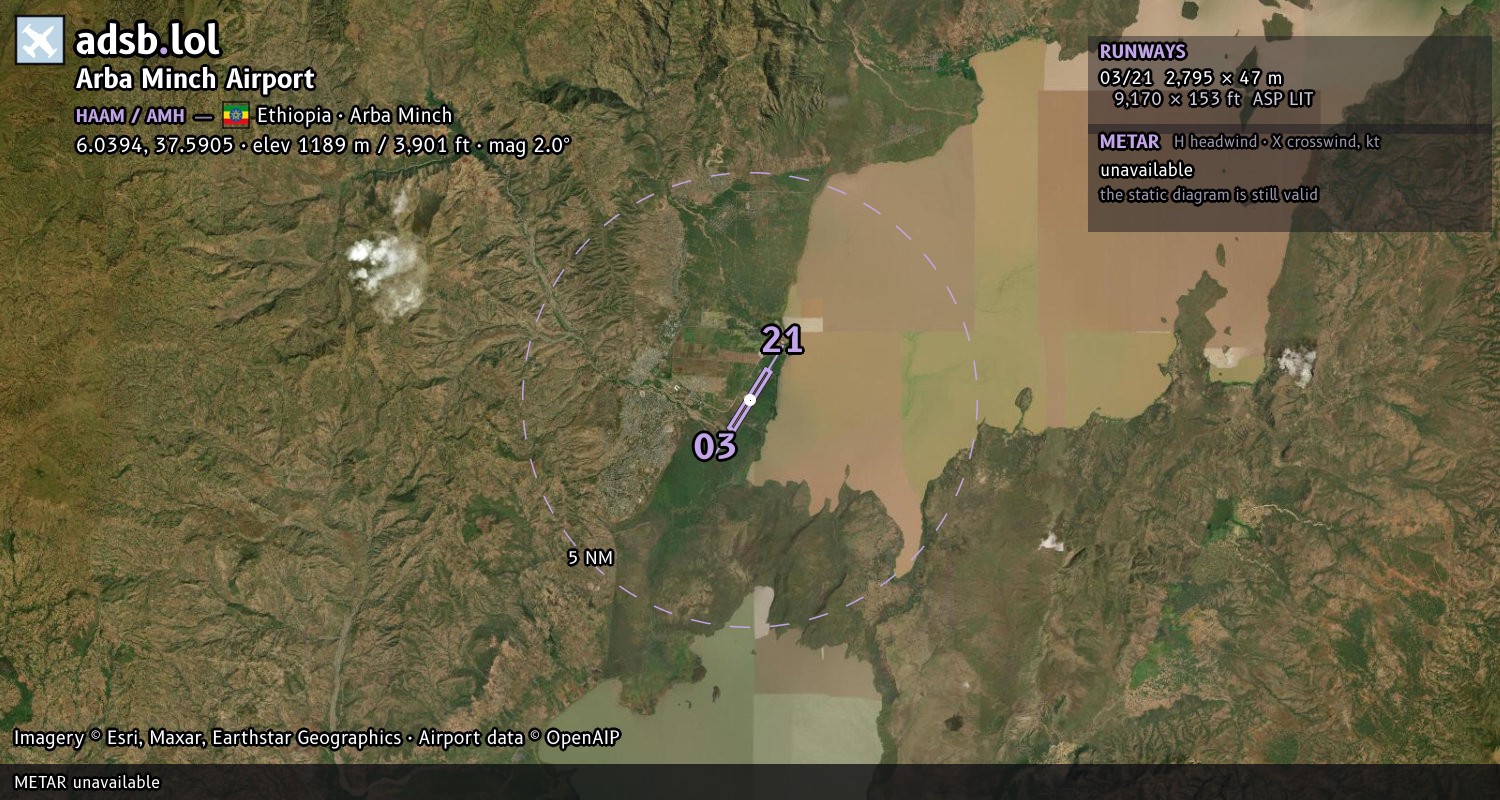 Satellite map with the runway layout of Arba Minch Airport (HAAM)