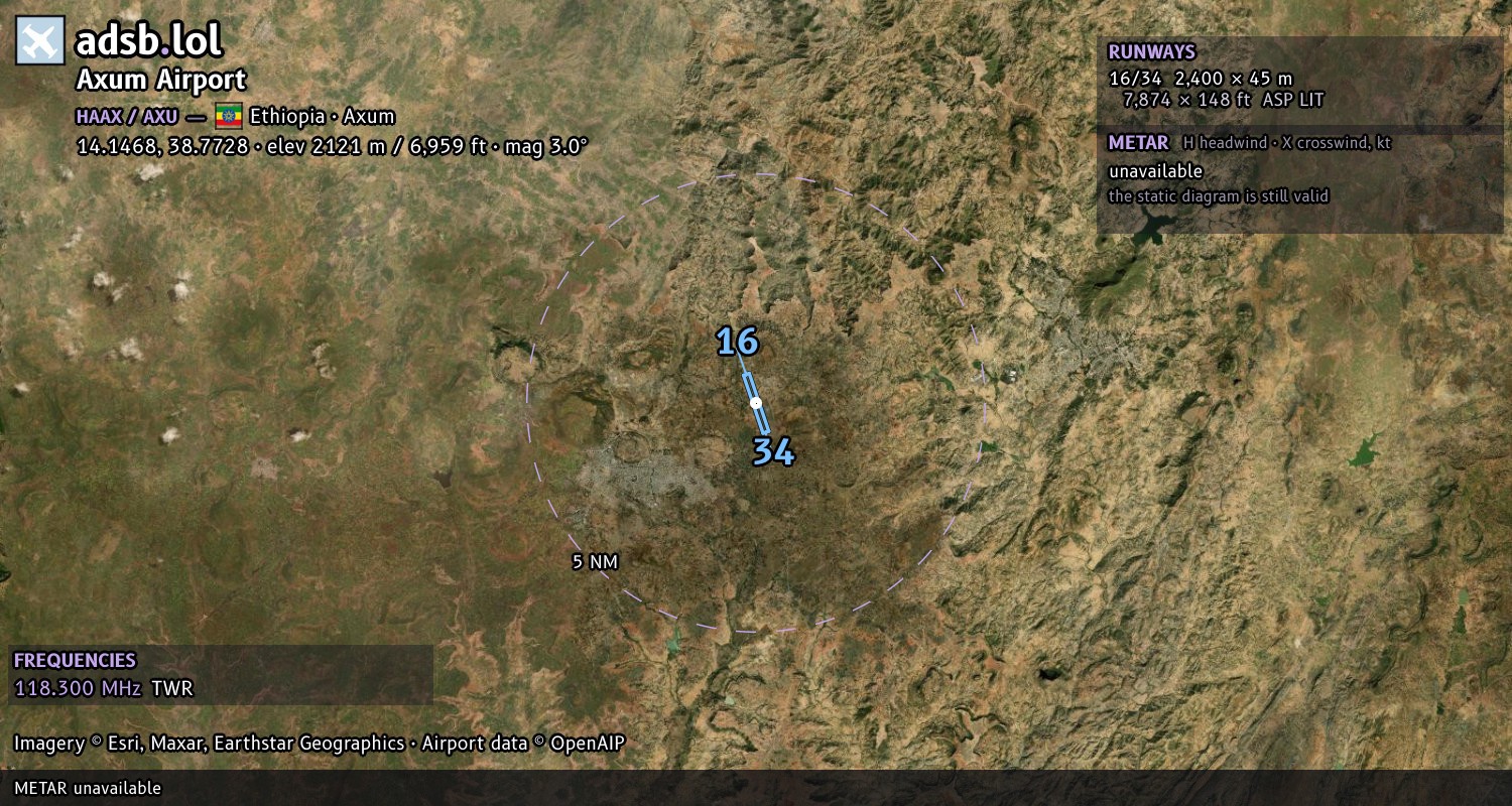Satellite map with the runway layout of Axum Airport (HAAX)
