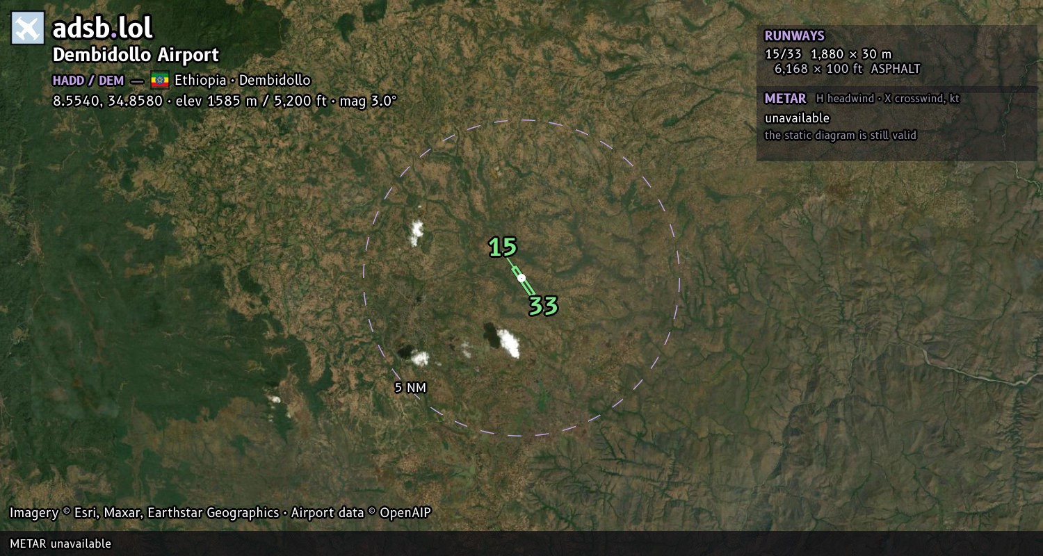 Satellite map with the runway layout of Dembidollo Airport (HADD)