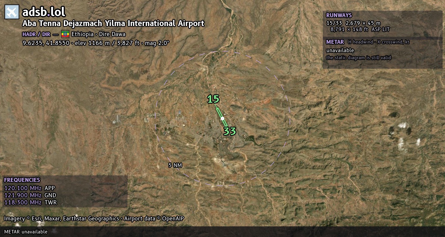 Satellite map with the runway layout of Aba Tenna Dejazmach Yilma International Airport (HADR)