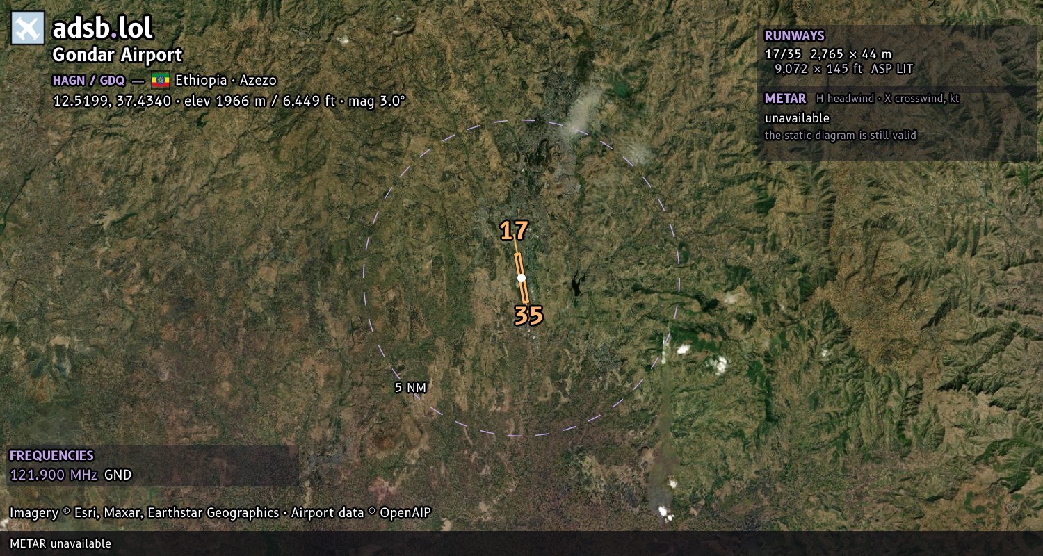 Satellite map with the runway layout of Gondar Airport (HAGN)