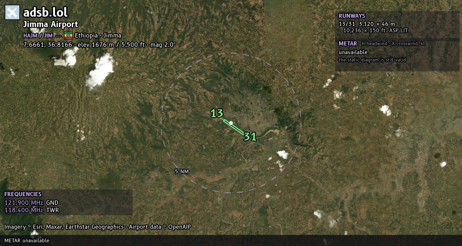 Satellite map with the runway layout of Jimma Airport (HAJM)