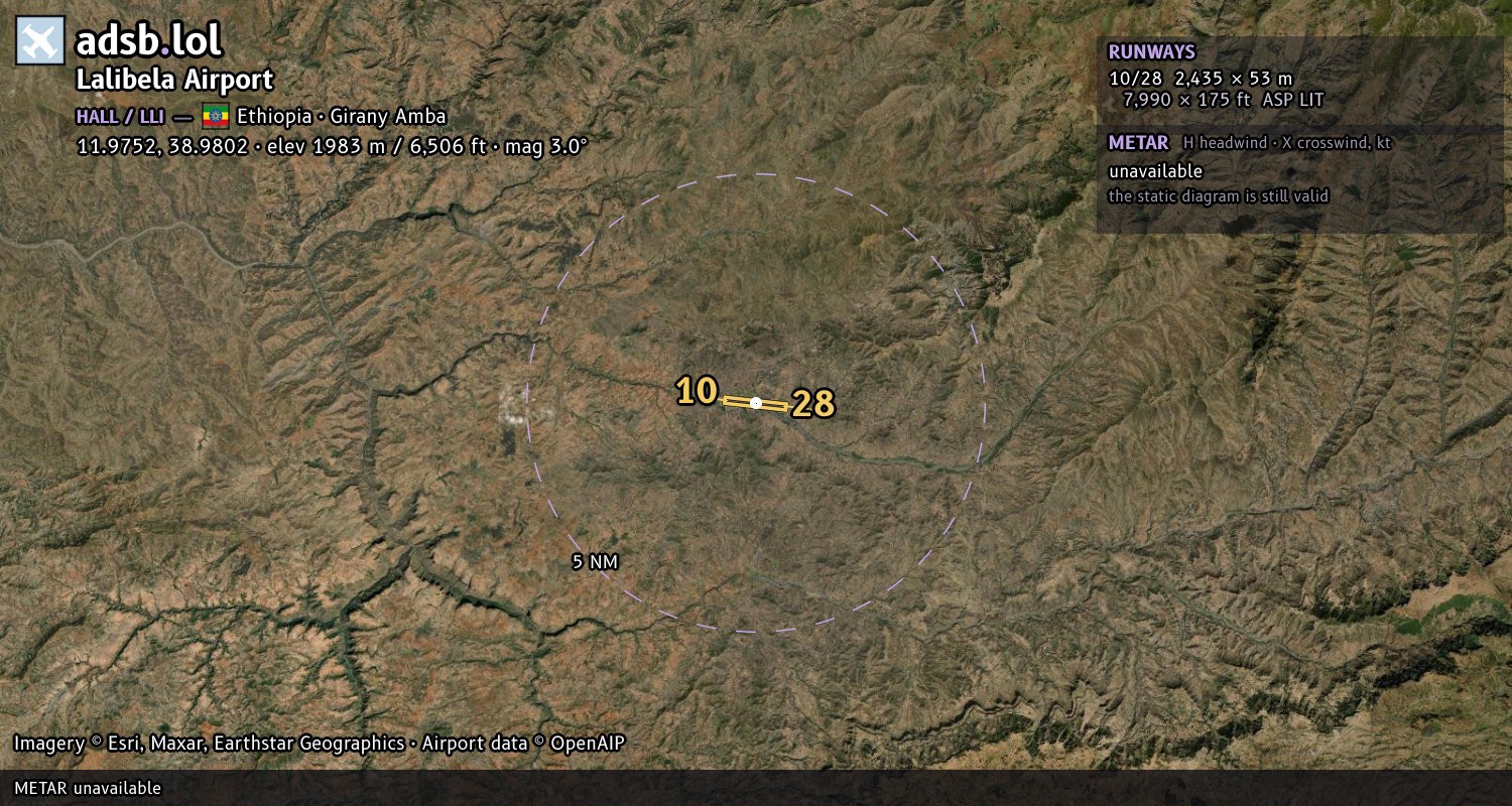Satellite map with the runway layout of Lalibela Airport (HALL)