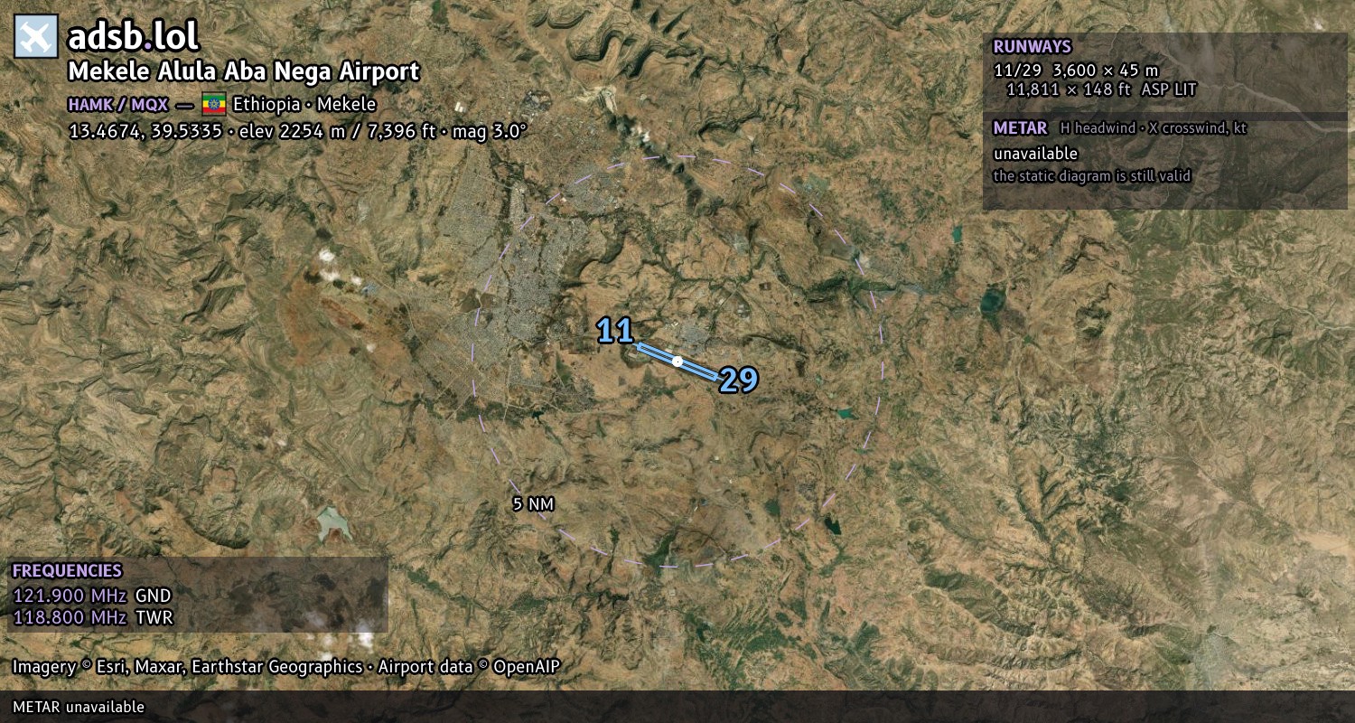 Satellite map with the runway layout of Mekele Alula Aba Nega Airport (HAMK)
